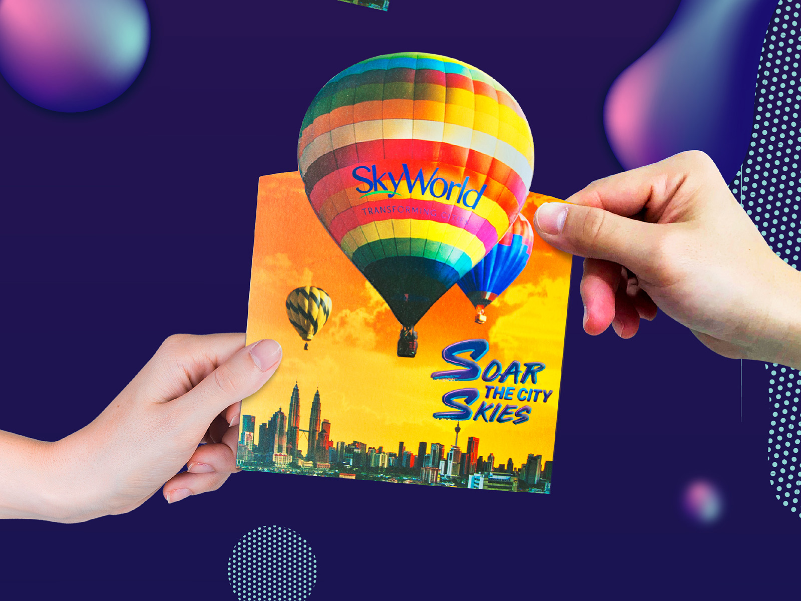 Skyworld Soar The City Skies campaign key visual design adapted to invitation card with balloon diecut and being passed from salesperson to customer